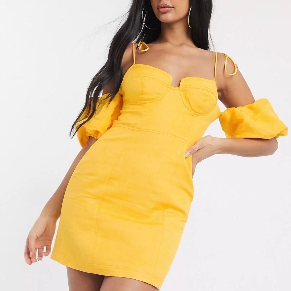 Significant Other Dahlia Puff Sleeve Mini Dress Yellow US 2 Linen Blend